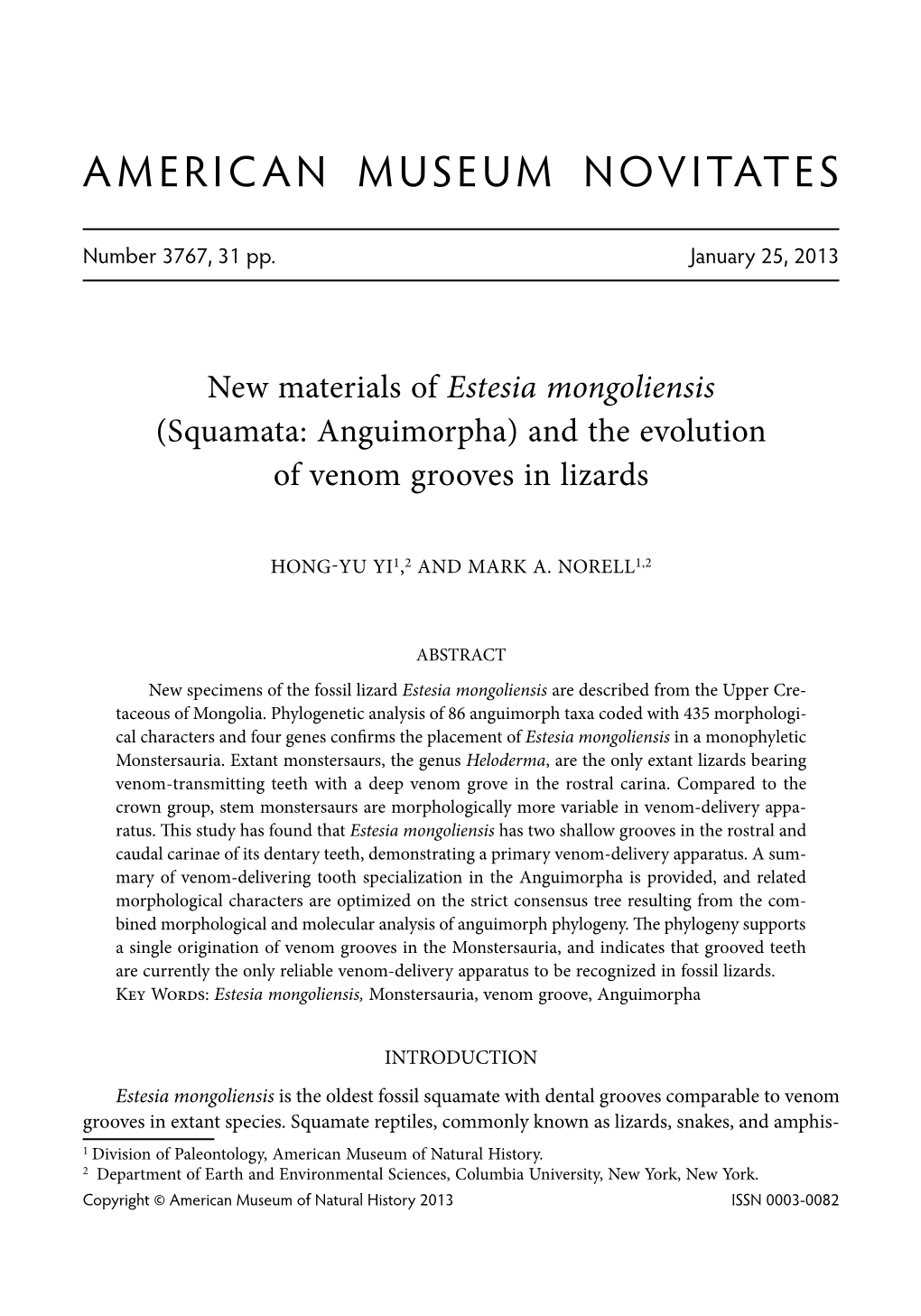 Estesia Mongoliensis (Squamata: Anguimorpha) and the Evolution of Venom Grooves in Lizards