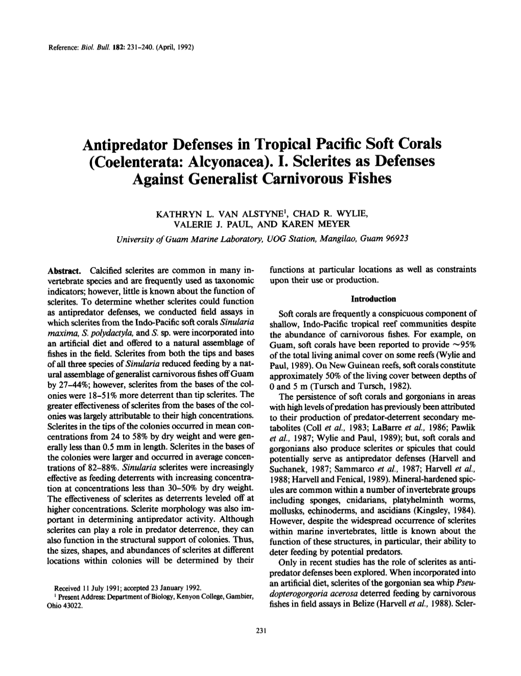 Antipredator Defenses in Tropical Pacific Soft Corals (Coelenterata: Alcyonacea)