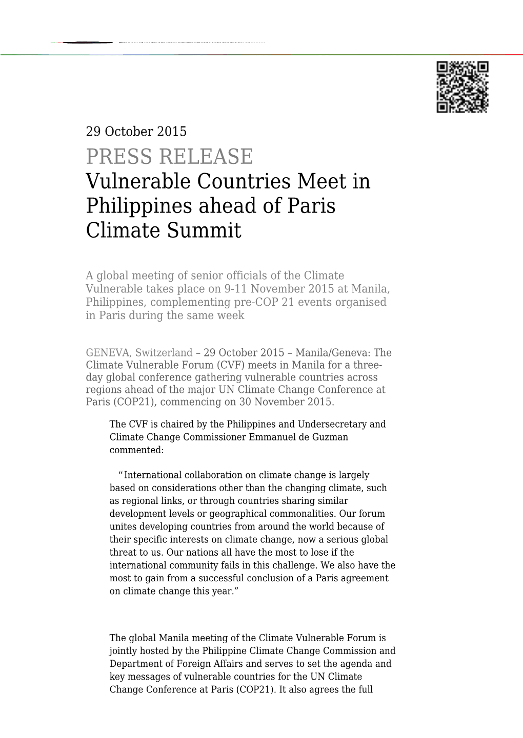 Vulnerable Countries Meet in Philippines Ahead of Paris Climate Summit Press Release