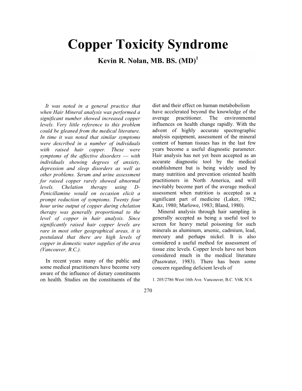 Copper Toxicity Syndrome 1 Kevin R