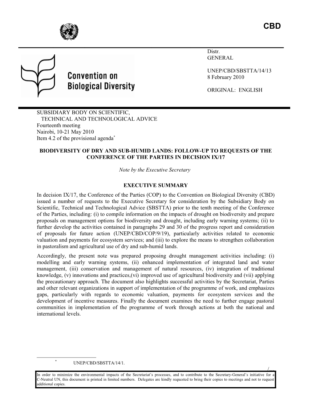 Biodiversity of Dry and Sub-Humid Lands: Follow-Up to Requests of the Conference of The