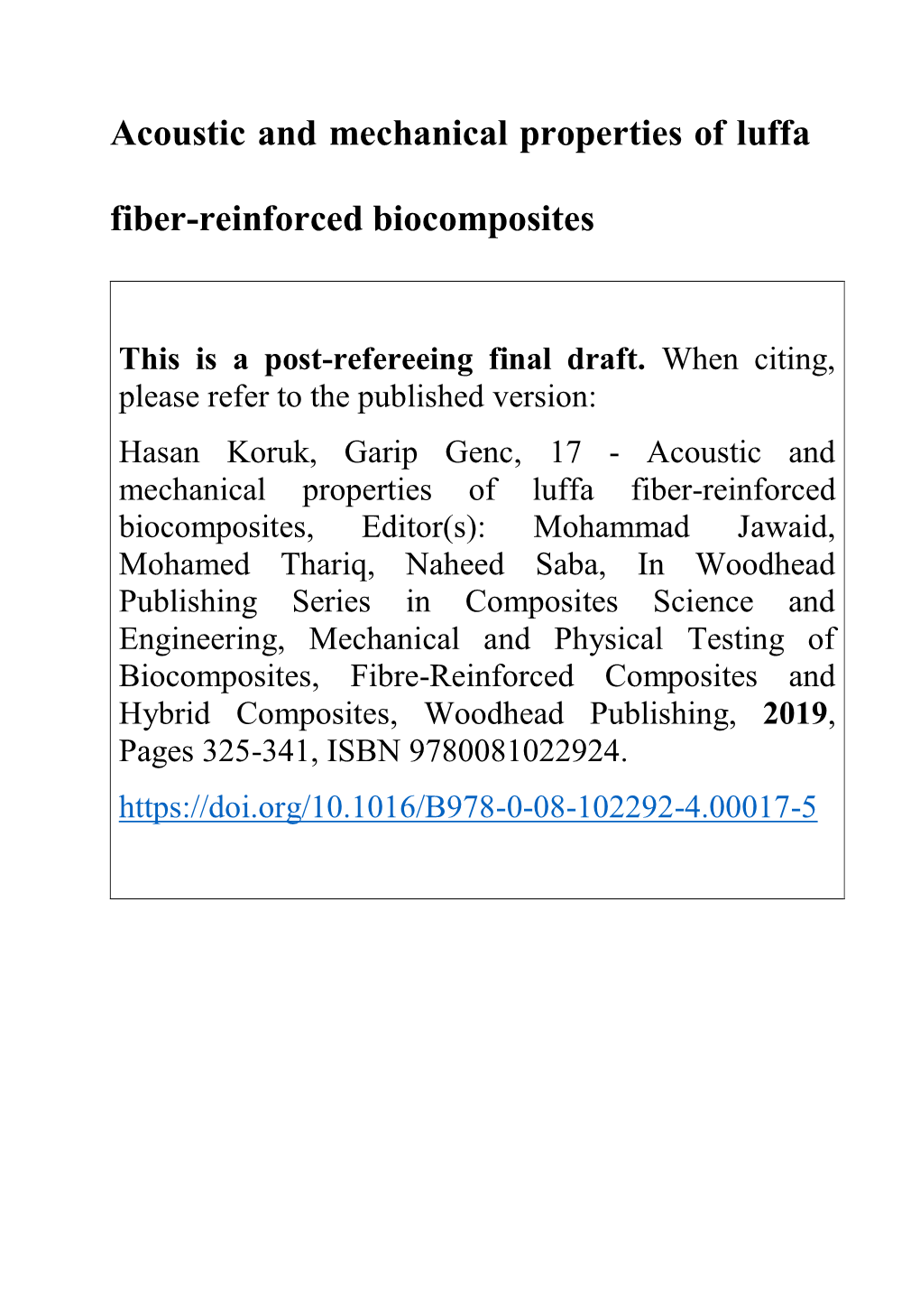 Acoustic and Mechanical Properties of Luffa Fiber-Reinforced Biocomposites