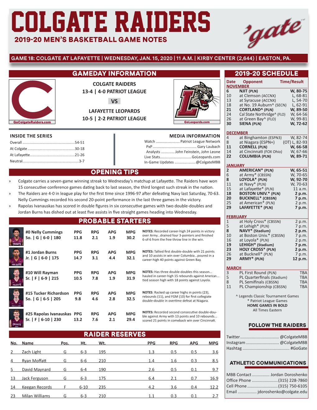 Colgate Raiders 2019-20 Men’S Basketball Game Notes