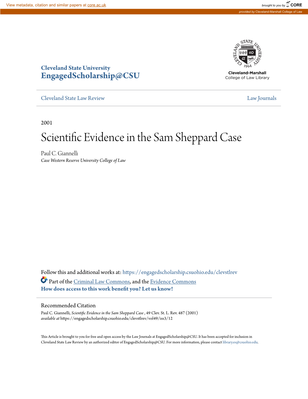 Scientific Evidence in the Sam Sheppard Case