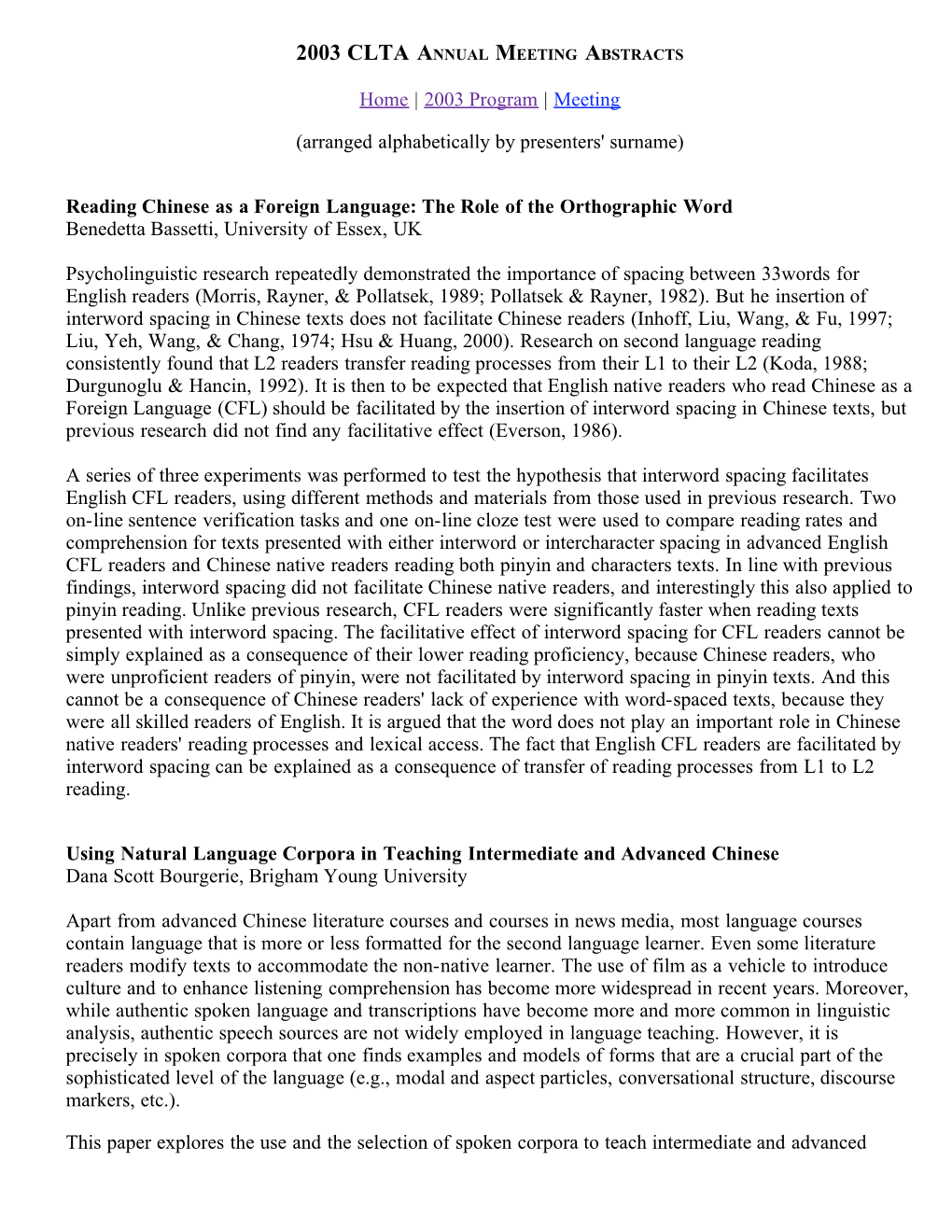 2003 Clta Annual Meeting Abstracts