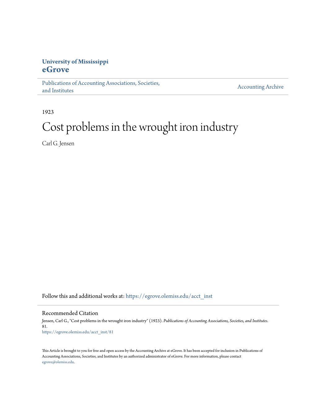 Cost Problems in the Wrought Iron Industry Carl G