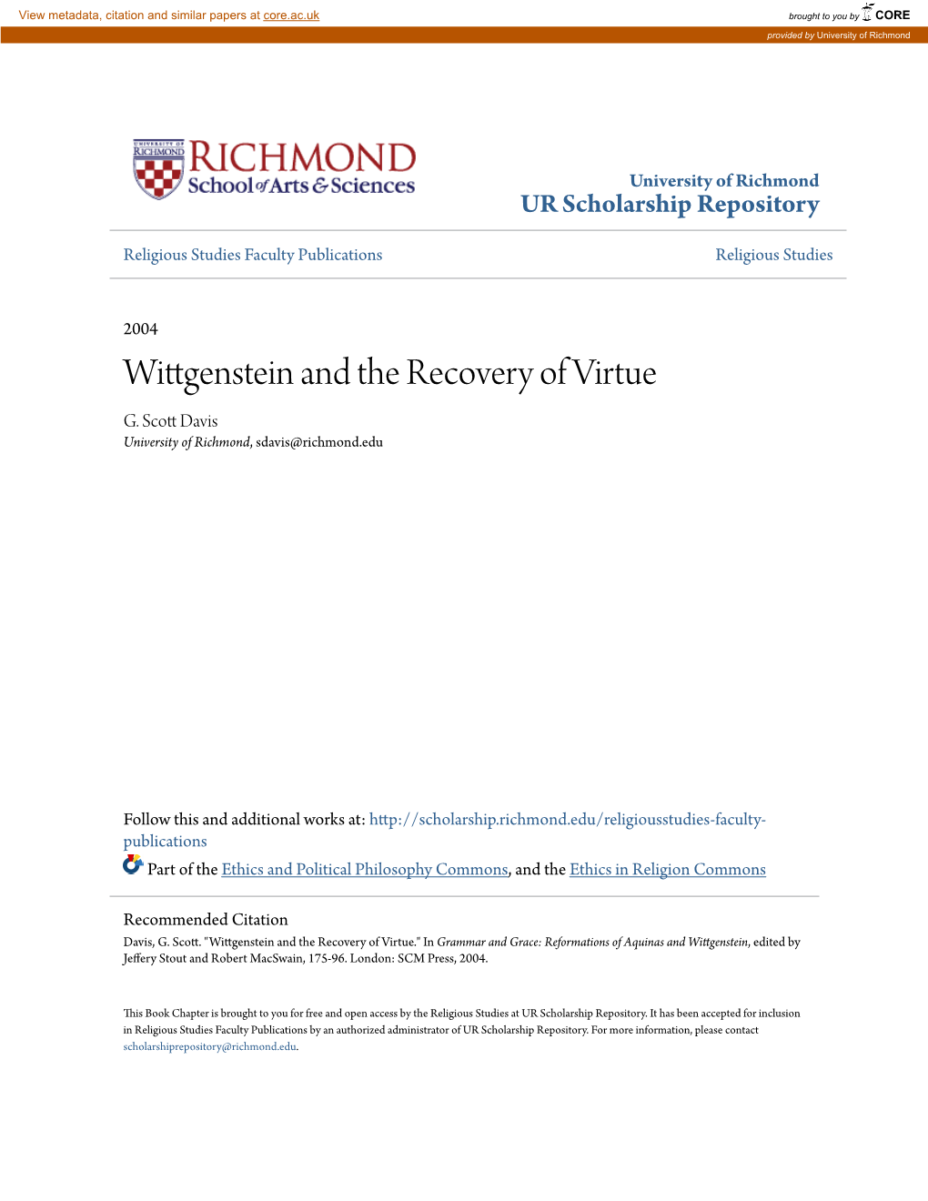 Wittgenstein and the Recovery of Virtue G