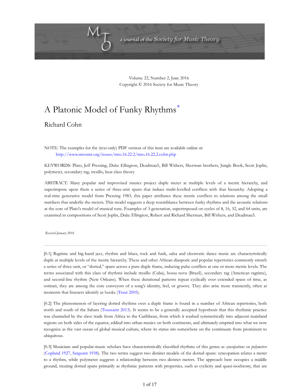 MTO 22.2: Cohn, a Platonic Model of Funky Rhythms