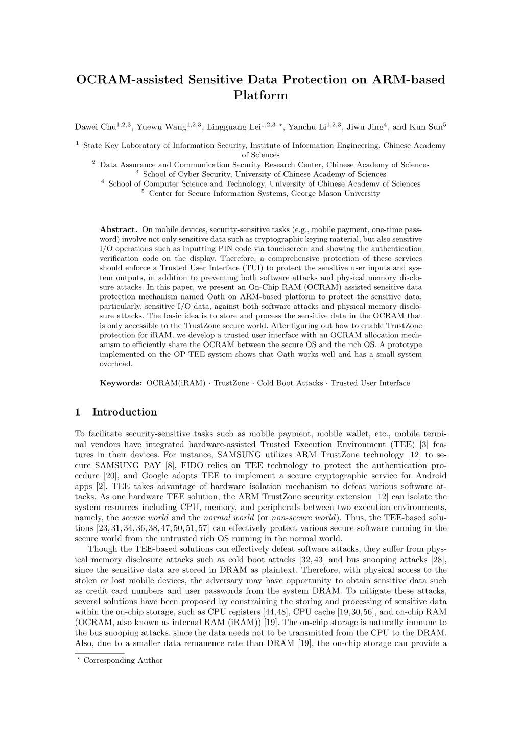 OCRAM-Assisted Sensitive Data Protection on ARM-Based Platform