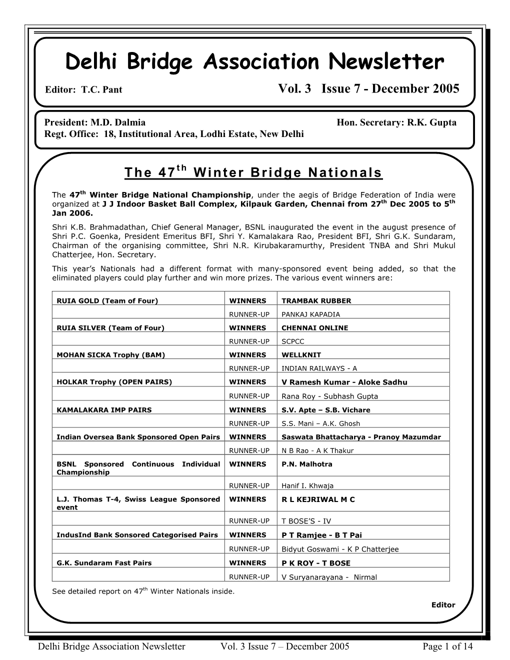 Delhi Bridge Association Newsletter