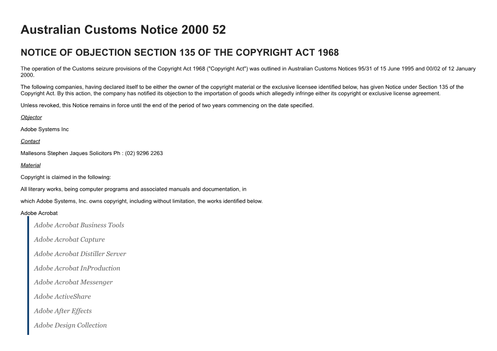 Australian Customs Notice 2000 52