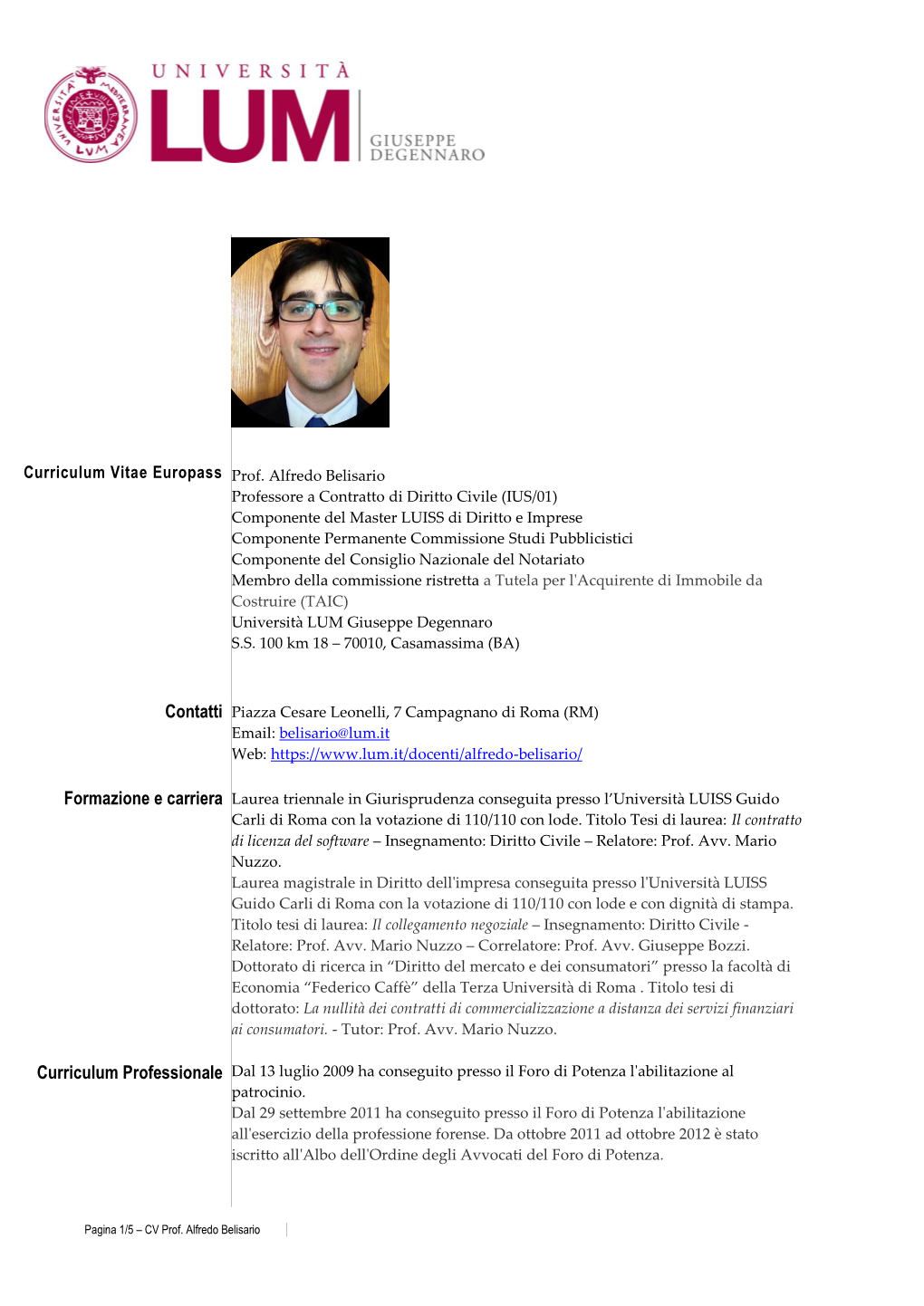 Curriculum Vitae Europass Prof. Alfredo Belisario