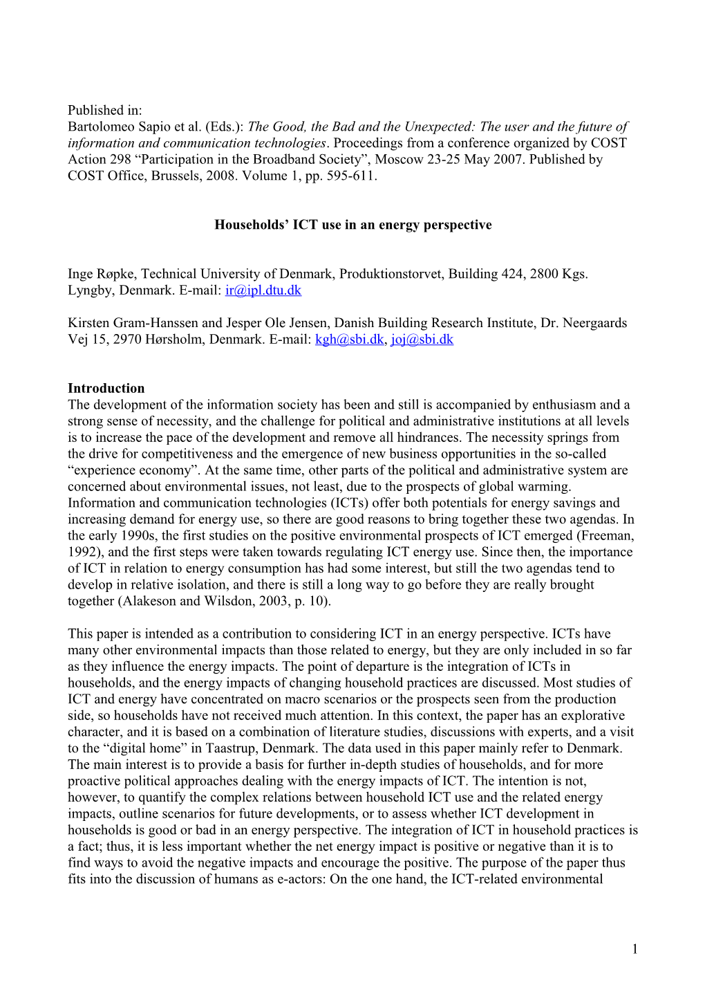 Households ICT Use in an Energy Perspective