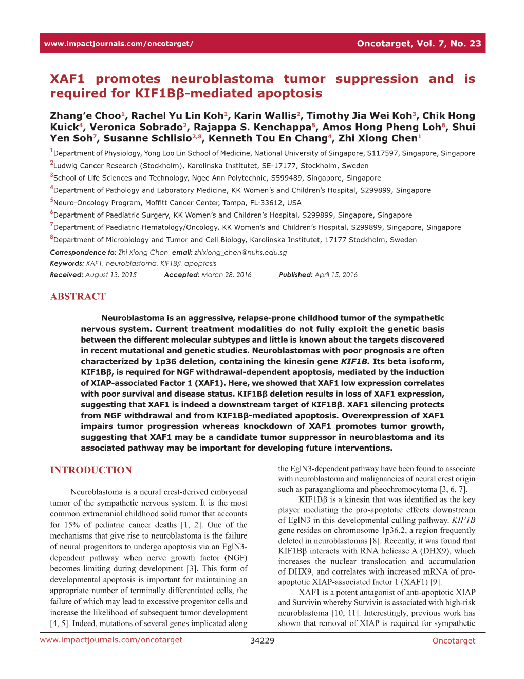 XAF1 Promotes Neuroblastoma Tumor Suppression and Is Required for Kif1bβ-Mediated Apoptosis