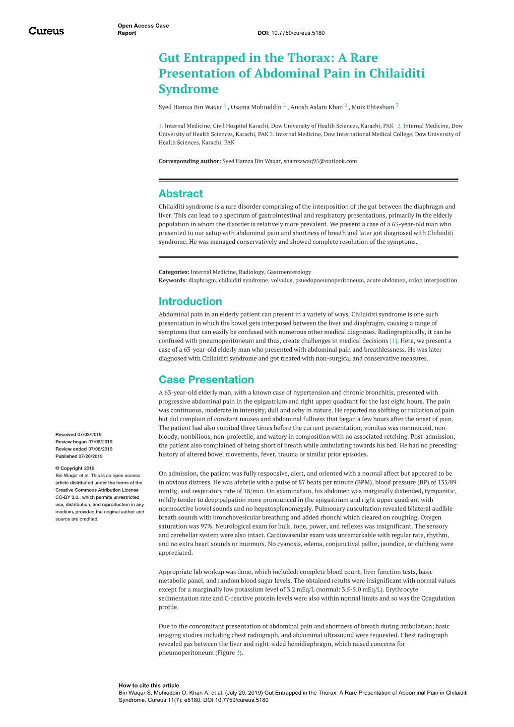 A Rare Presentation of Abdominal Pain in Chilaiditi Syndrome