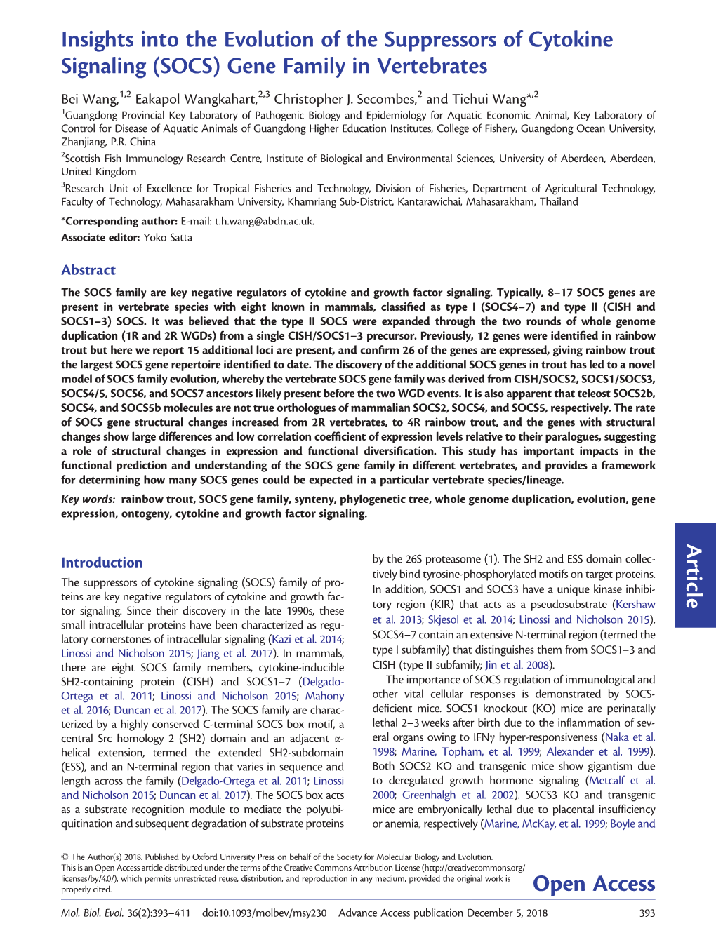 SOCS) Gene Family in Vertebrates Bei Wang,1,2 Eakapol Wangkahart,2,3 Christopher J