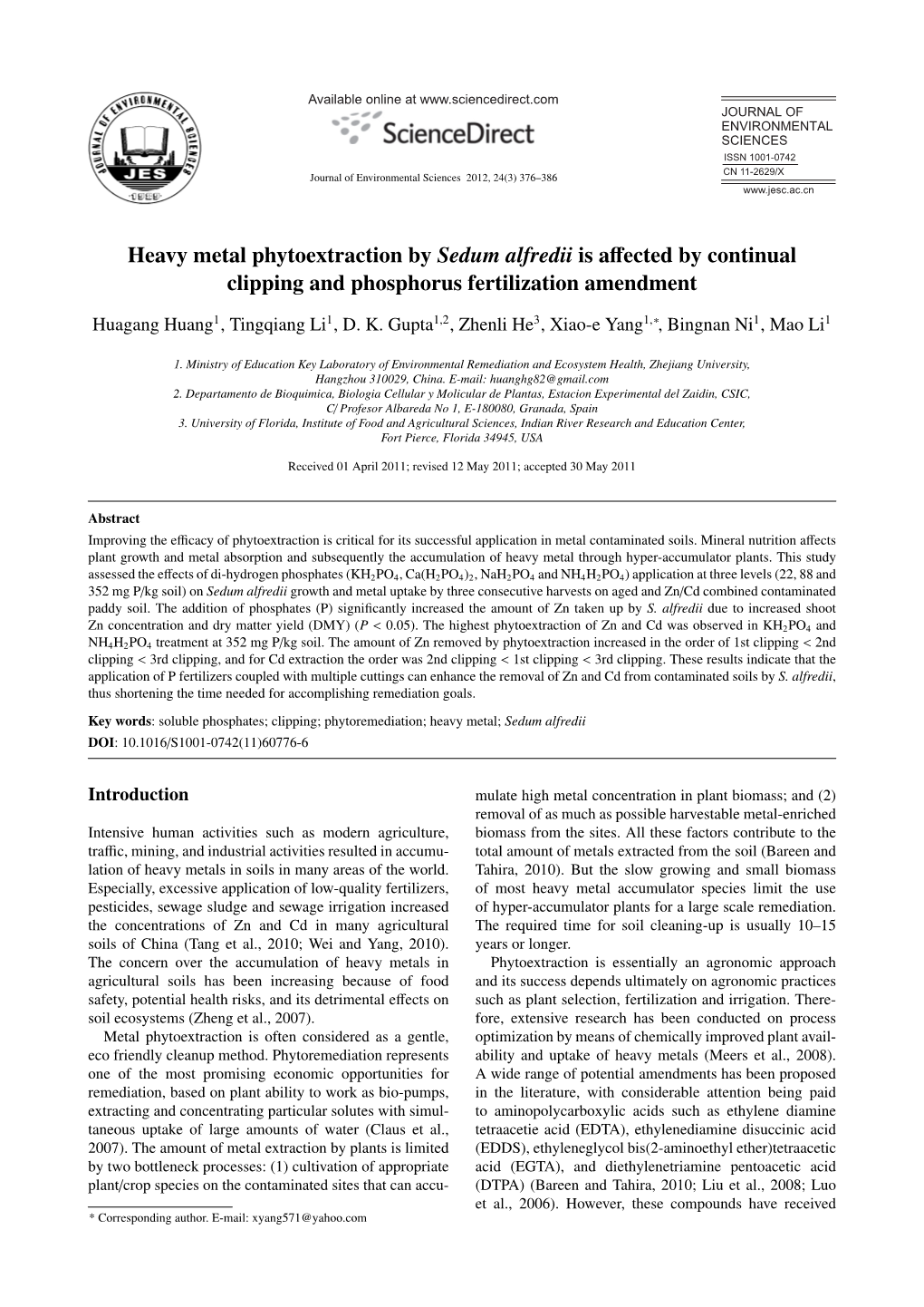 Heavy Metal Phytoextraction by Sedum Alfredii Is Affected By