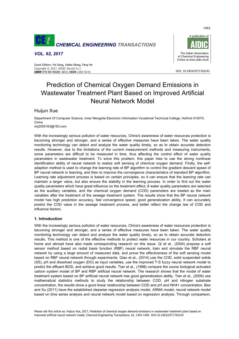 Prediction of Chemical Oxygen Demand Emissions in Wastewater Treatment Plant Based on Improved Artificial