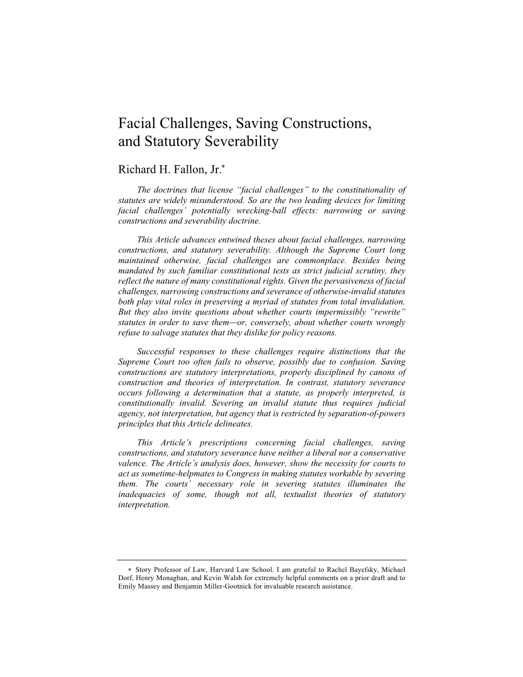 Facial Challenges, Saving Constructions, and Statutory Severability