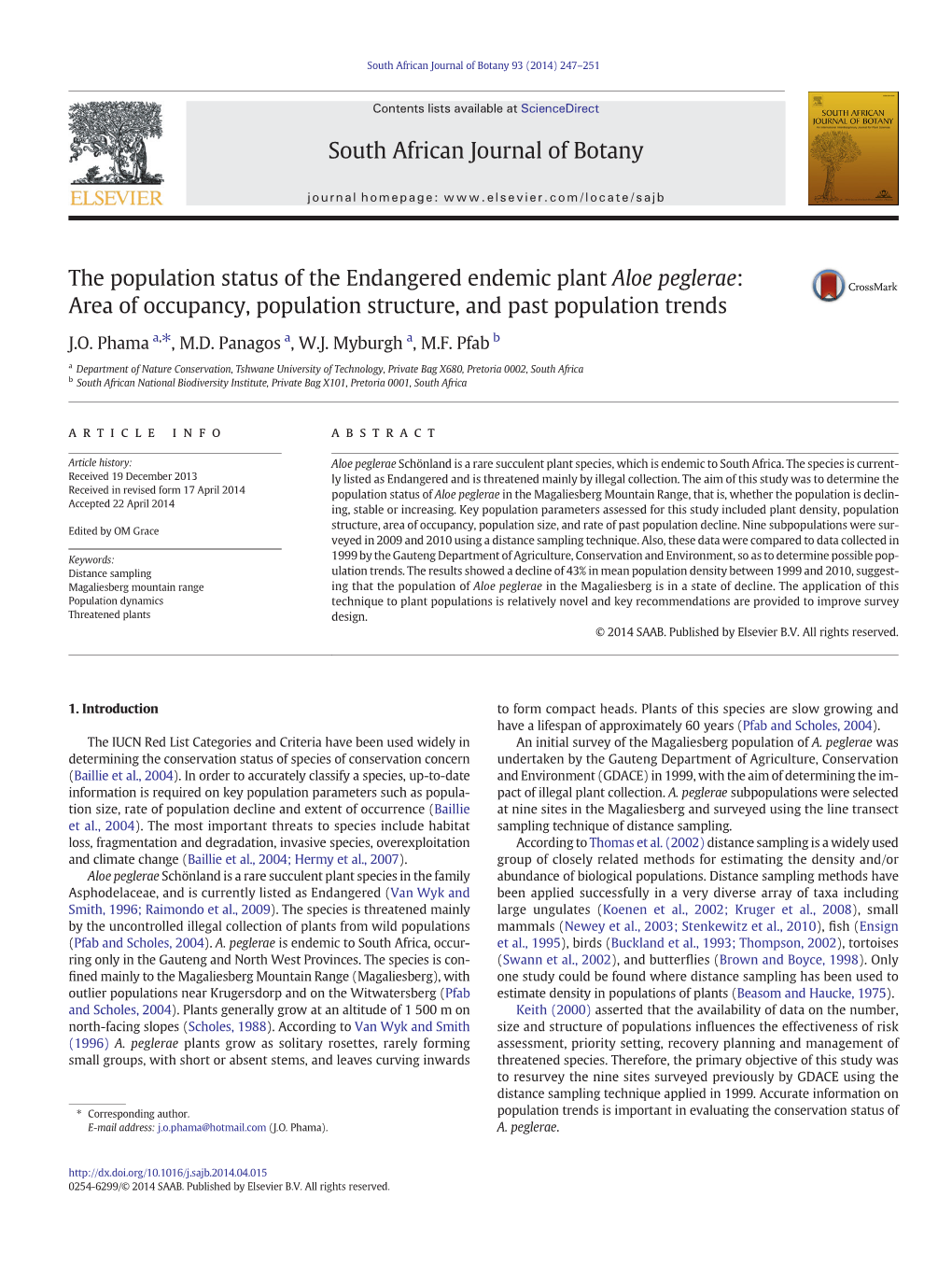 The Population Status of the Endangered Endemic Plant Aloe Peglerae: Area of Occupancy, Population Structure, and Past Population Trends