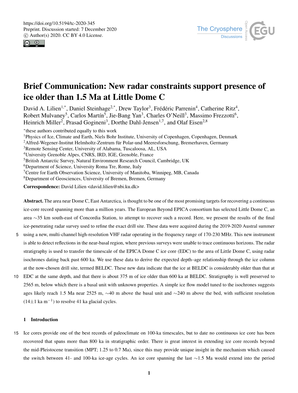 New Radar Constraints Support Presence of Ice Older Than 1.5 Ma at Little Dome C David A