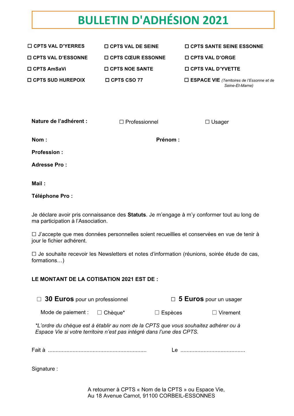 Bulletin D'adhésion 2021