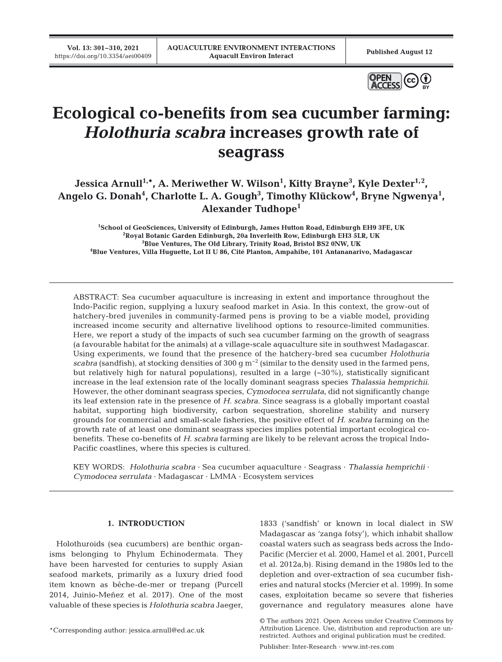 Holothuria Scabra Increases Growth Rate of Seagrass