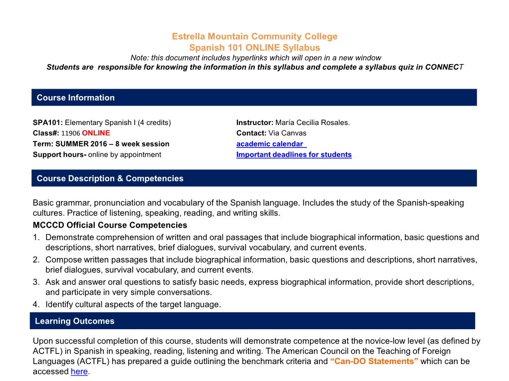 Estrella Mountain Community College Spanish 101 ONLINE Syllabus