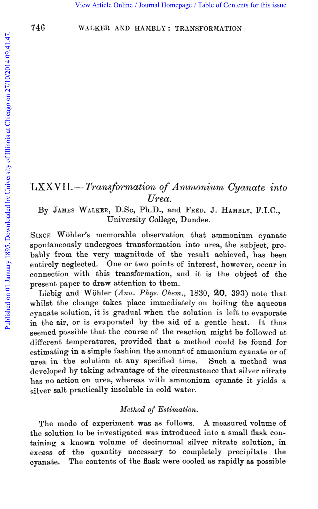 Transformation of Awmonium Cyanate Into Ui.Ea. by JAMESWALKER, D.Sc, Ph.D., and FRED.J