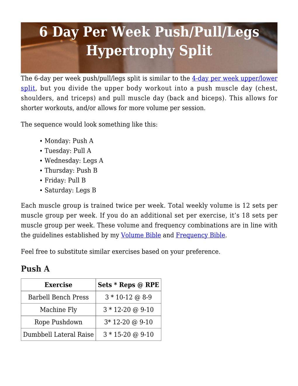 6 Day Per Week Push/Pull/Legs Hypertrophy Split