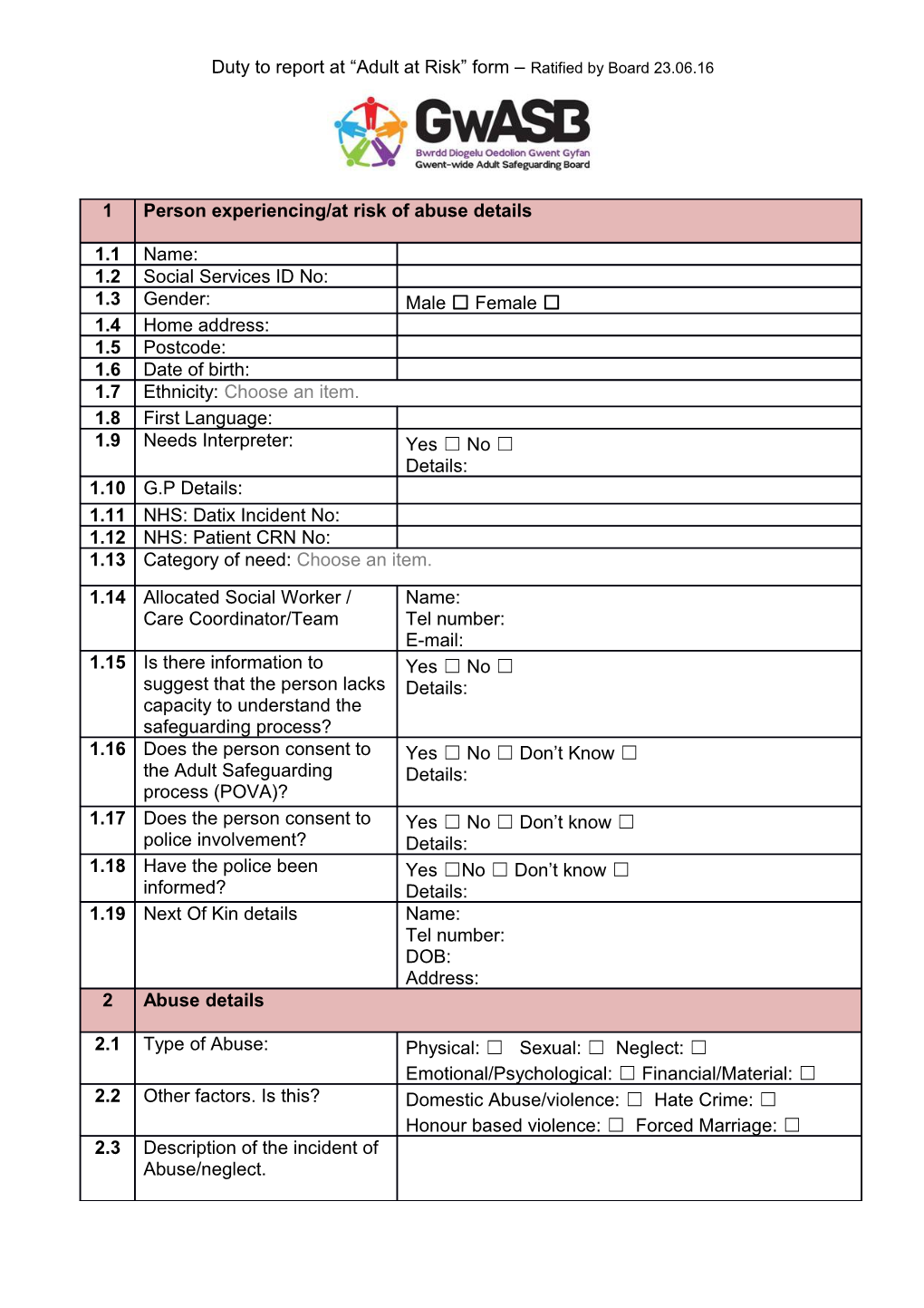 Duty to Report at Adult at Risk Form Ratified by Board 23.06.16