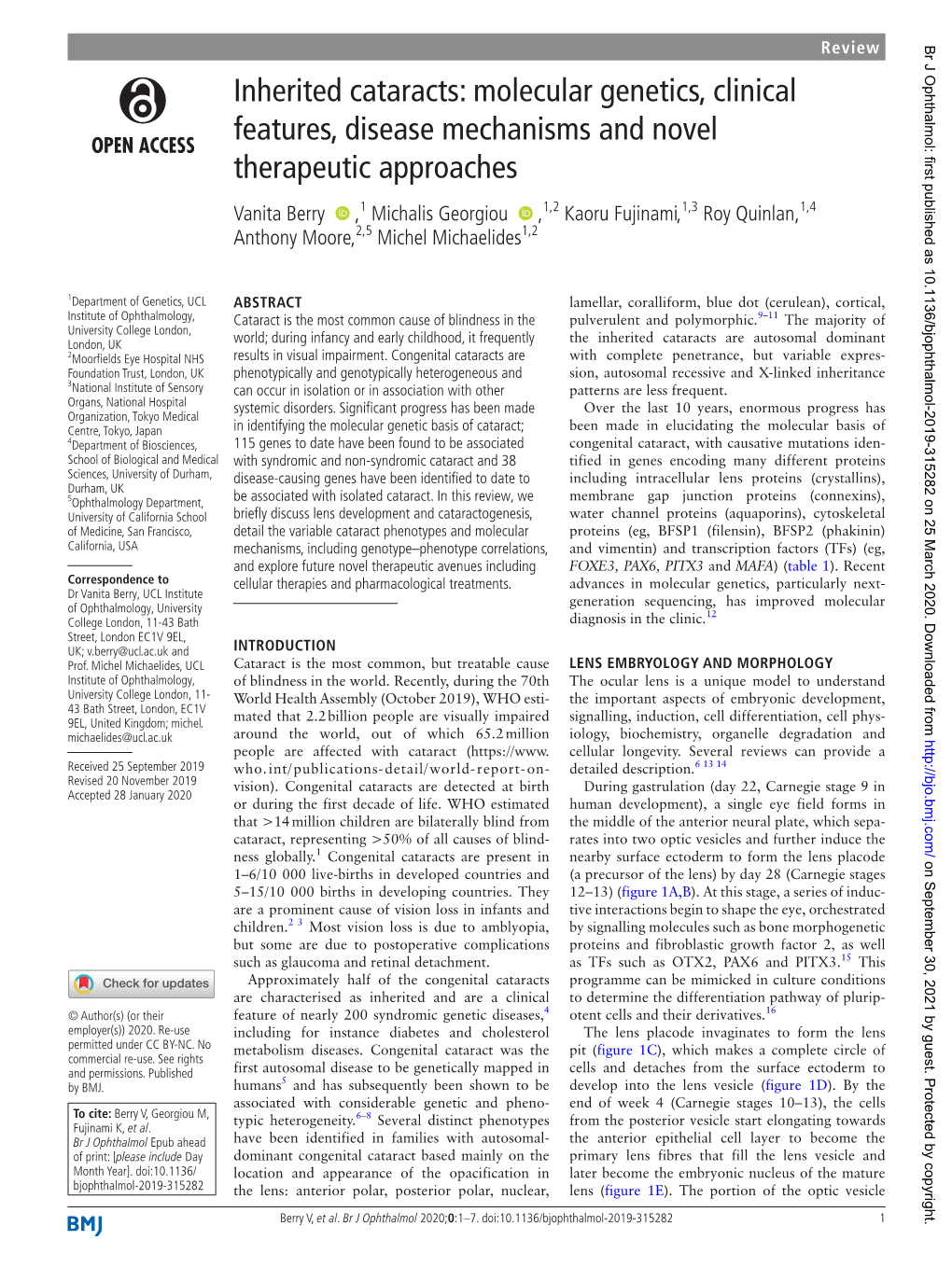 Inherited Cataracts: Molecular Genetics, Clinical Features, Disease