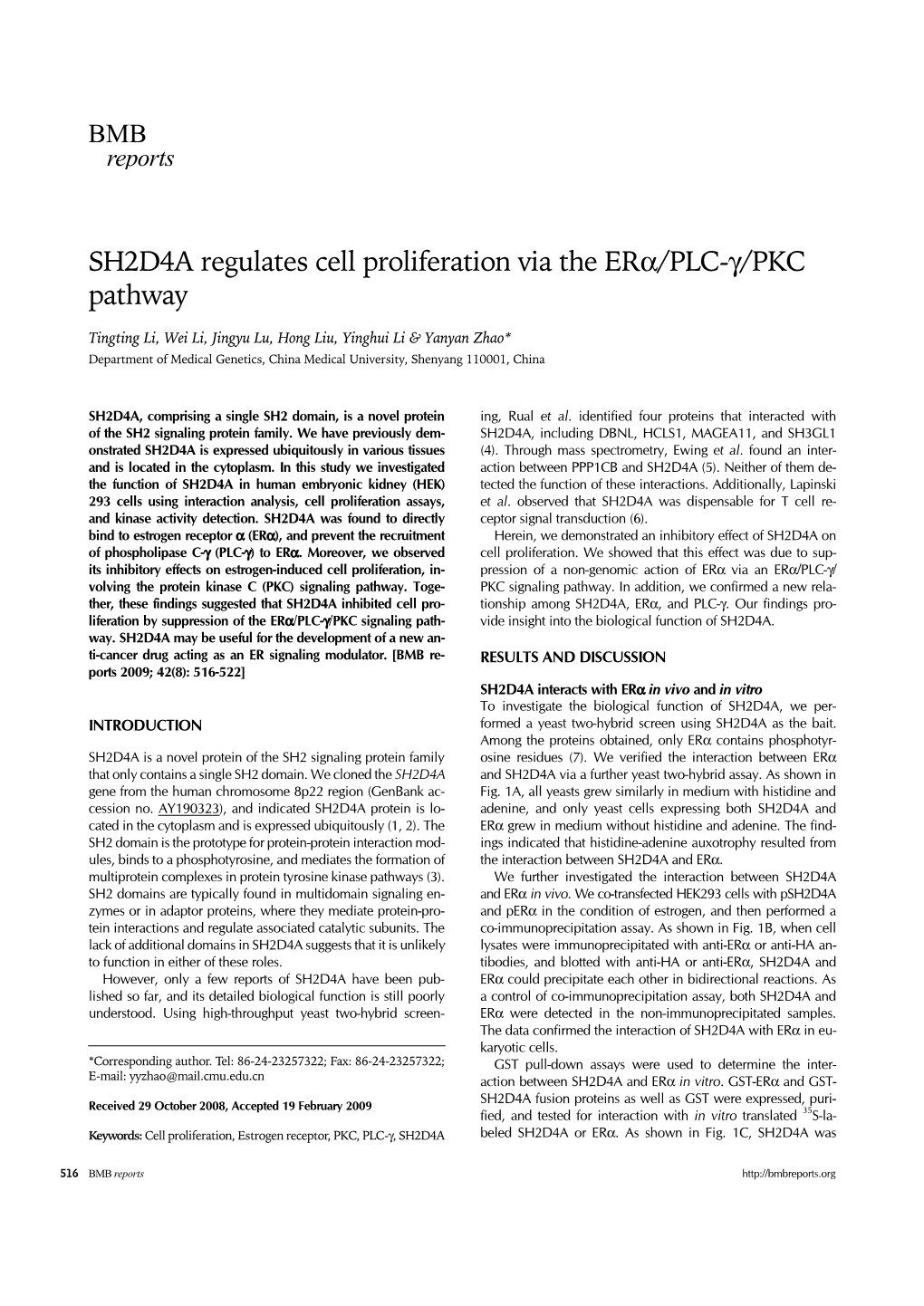 SH2D4A Regulates Cell Proliferation Via the Erα/PLC-Γ/PKC Pathway