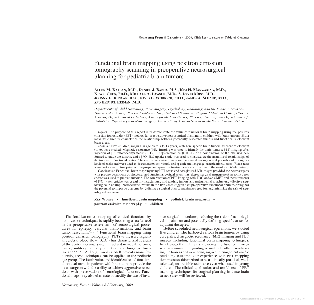 Functional Brain Mapping Using Positron Emission Tomography Scanning in Preoperative Neurosurgical Planning for Pediatric Brain Tumors