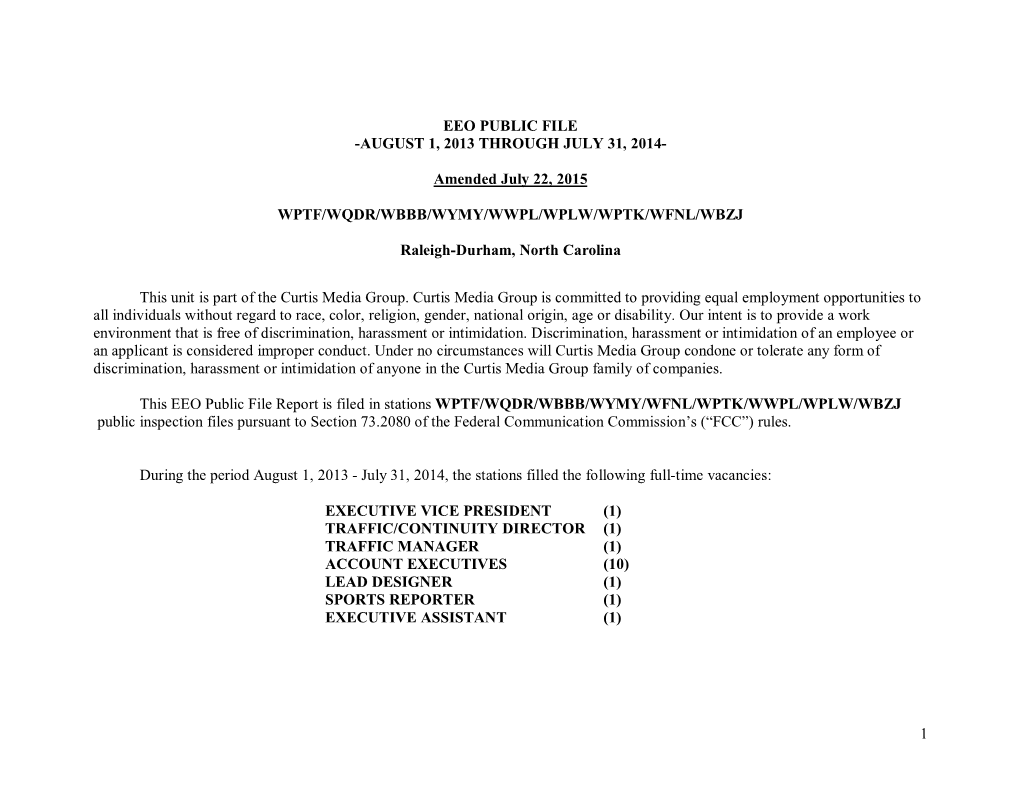 1 Eeo Public File -August 1, 2013 Through July 31, 2014