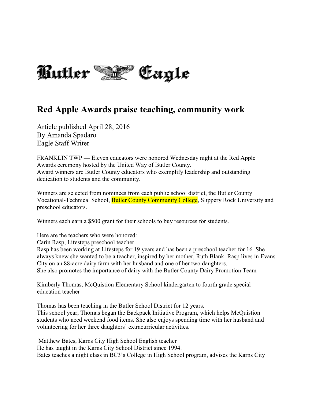 Red Apple Awards Praise Teaching, Community Work