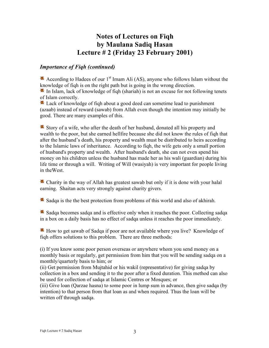 Notes of Lectures on Fiqh by Maulana Sadiq Hasan Lecture # 2 (Friday 23 February 2001)