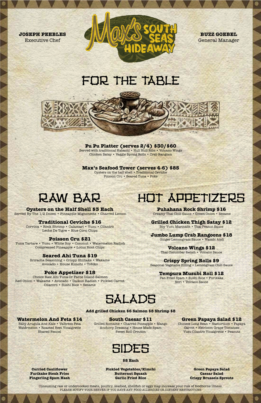 For the Table Raw Bar Hot Appetizers Salads Sides