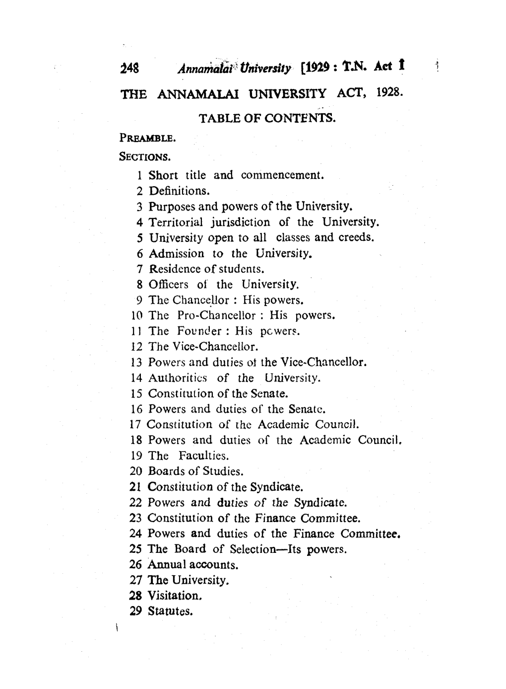 102$: TN Act 1 the ANN AM ALAI UNIVERSITY ACT, 1928. TABLE