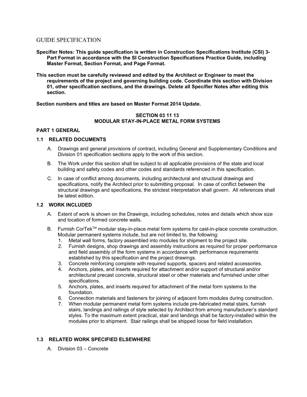 Section Numbers and Titles Are Based on Master Format 2014 Update