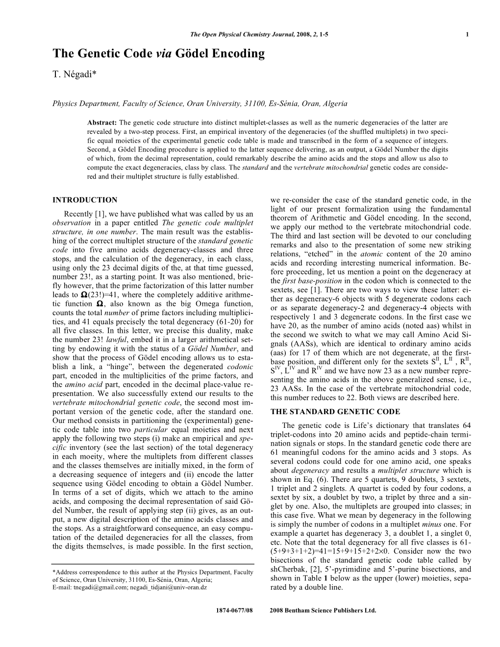 The Genetic Code Via Gödel Encoding T