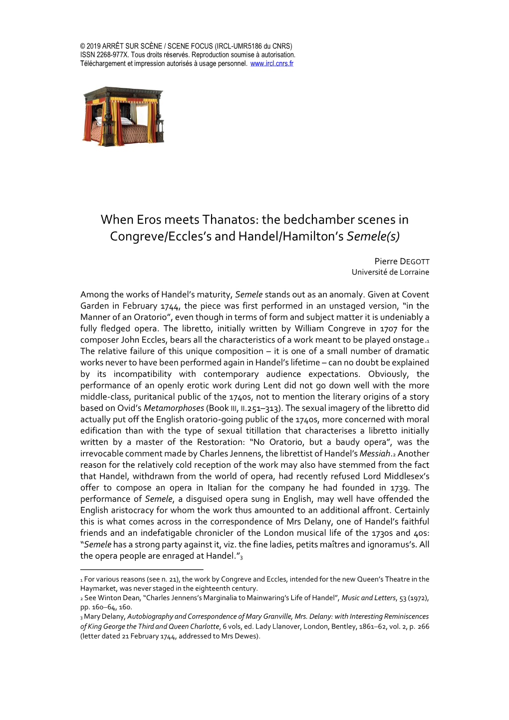 When Eros Meets Thanatos: the Bedchamber Scenes in Congreve/Eccles’S and Handel/Hamilton’S Semele(S)