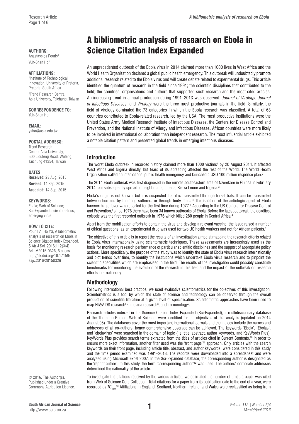 A Bibliometric Analysis of Research on Ebola in Science Citation Index