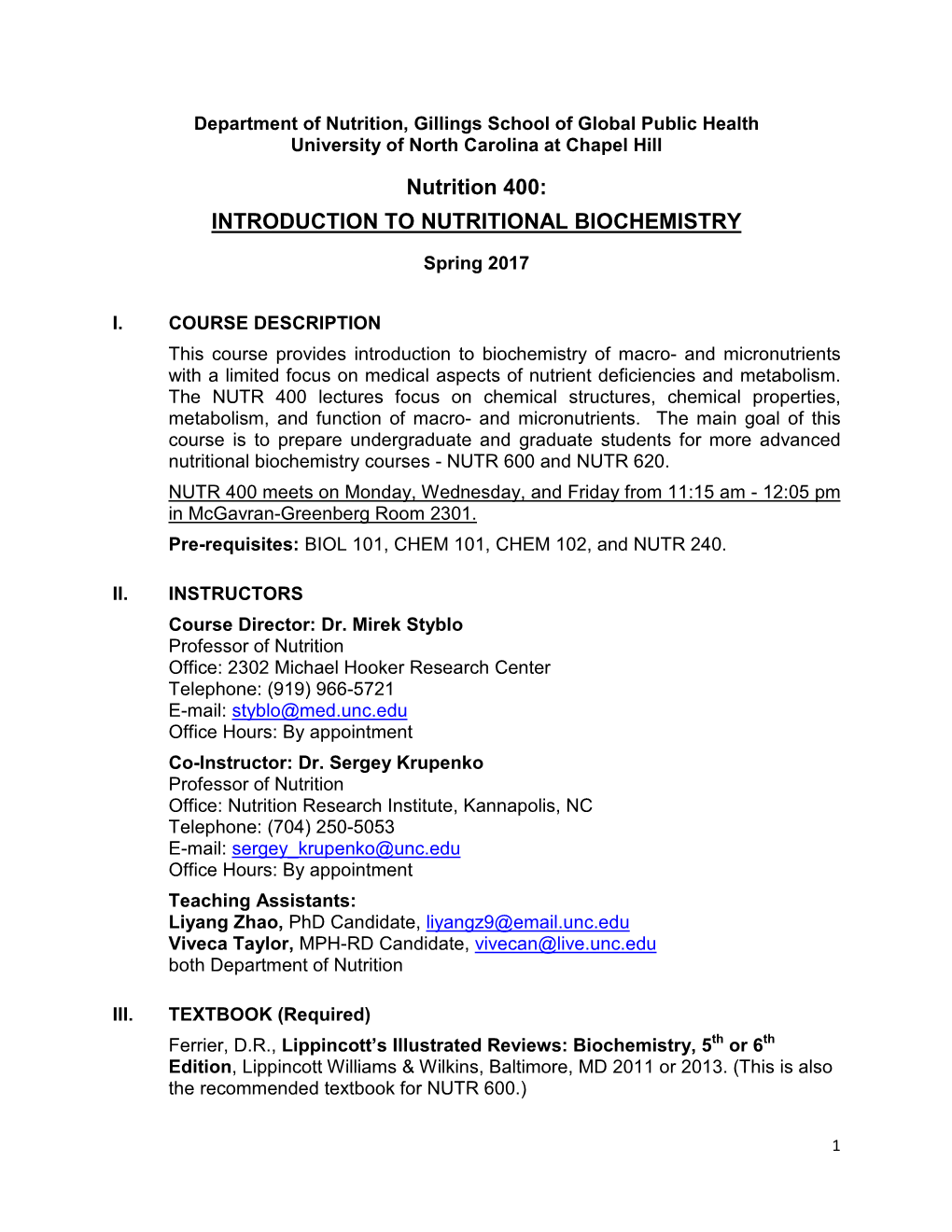 Nutrition 400: INTRODUCTION to NUTRITIONAL BIOCHEMISTRY