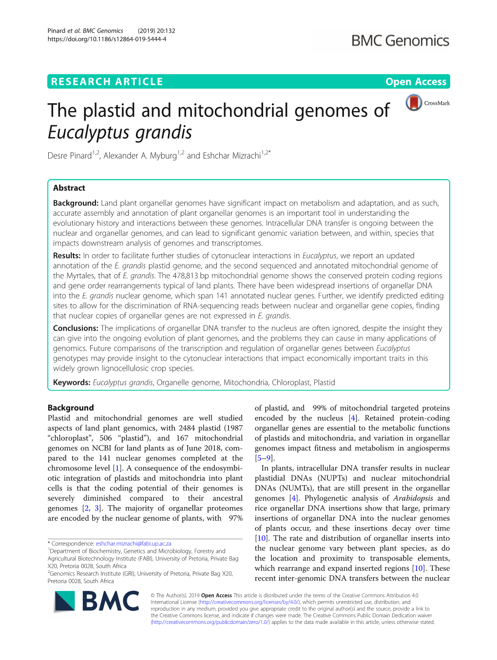 The Plastid and Mitochondrial Genomes of Eucalyptus Grandis Desre Pinard1,2, Alexander A