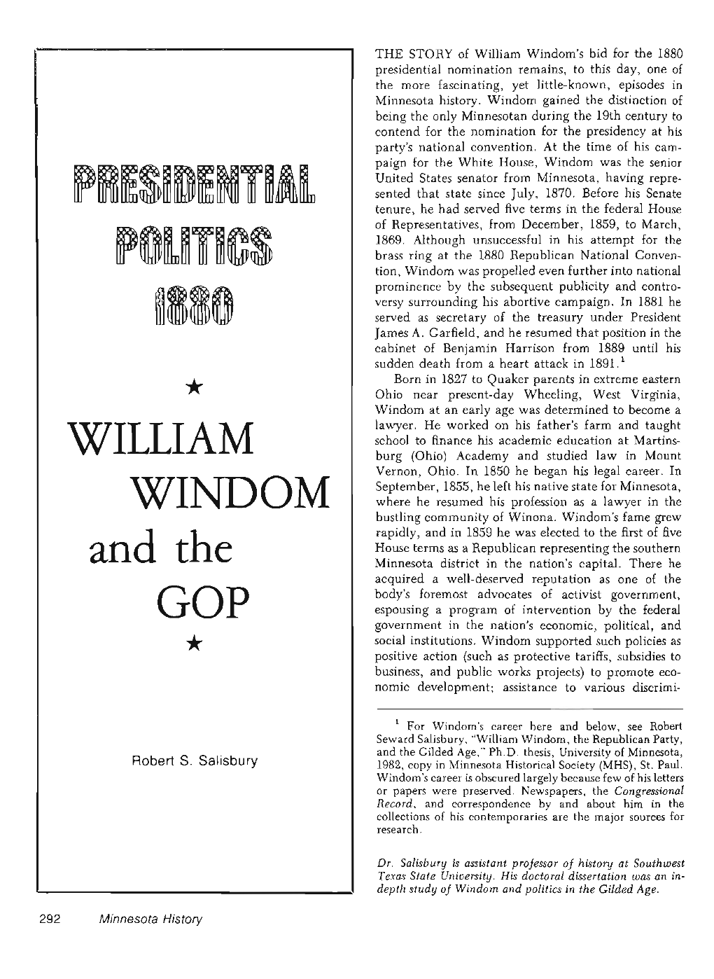 Presidential Politics, 1880 : William Windom and the GOP / Robert S