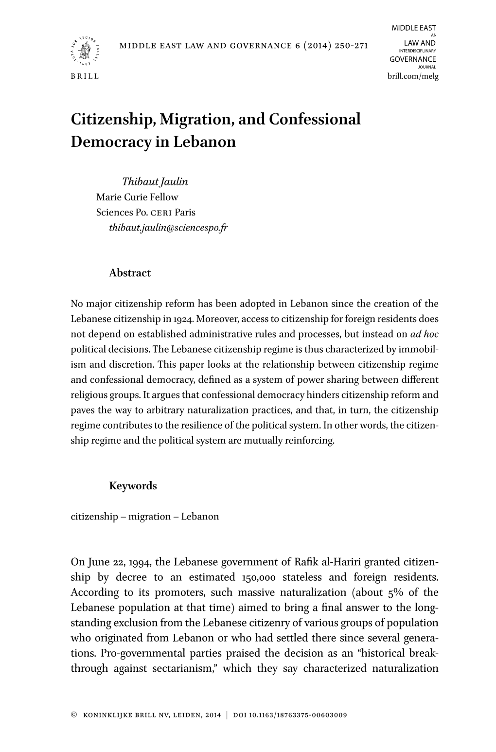 Citizenship, Migration, and Confessional Democracy in Lebanon