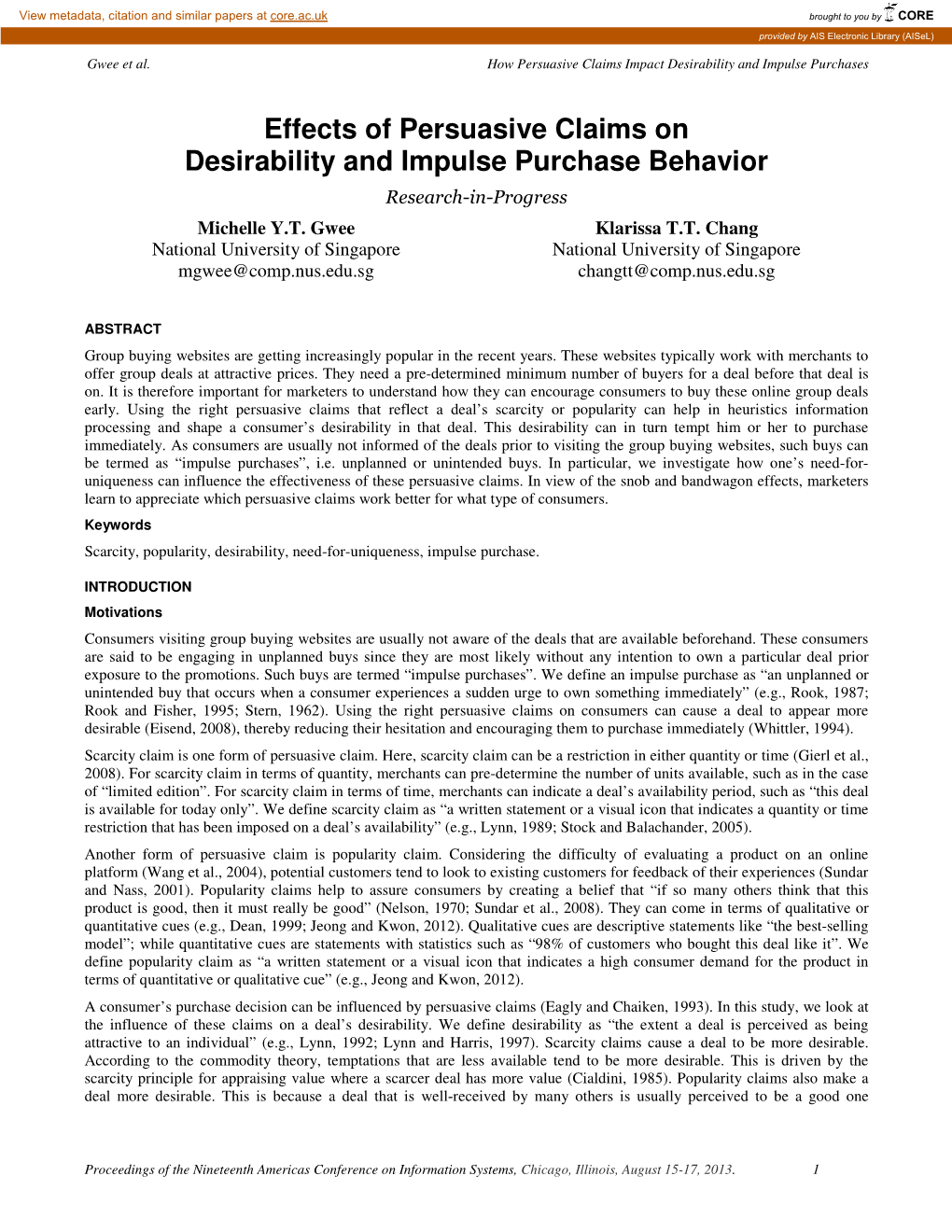 Effects of Persuasive Claims on Desirability and Impulse Purchase Behavior Research-In-Progress Michelle Y.T