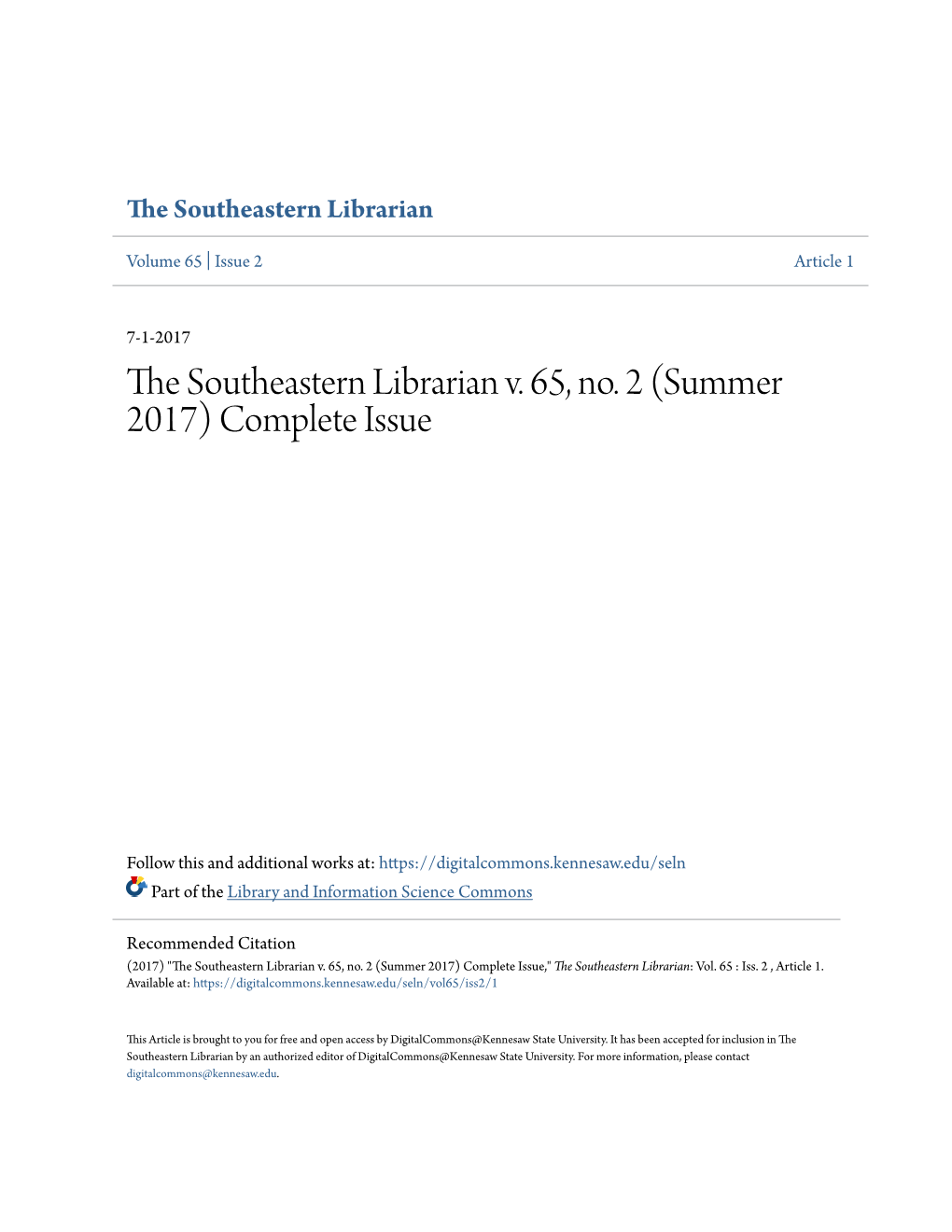 The Southeastern Librarian V. 65, No. 2