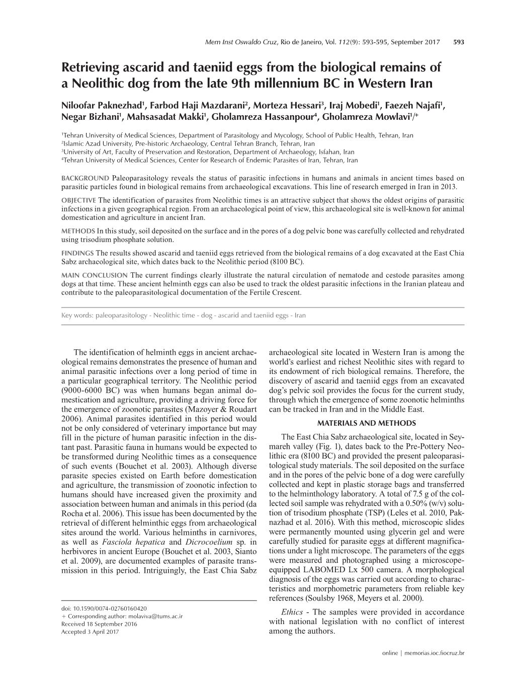 Retrieving Ascarid and Taeniid Eggs from the Biological Remains of a Neolithic Dog from the Late 9Th Millennium BC in Western Iran